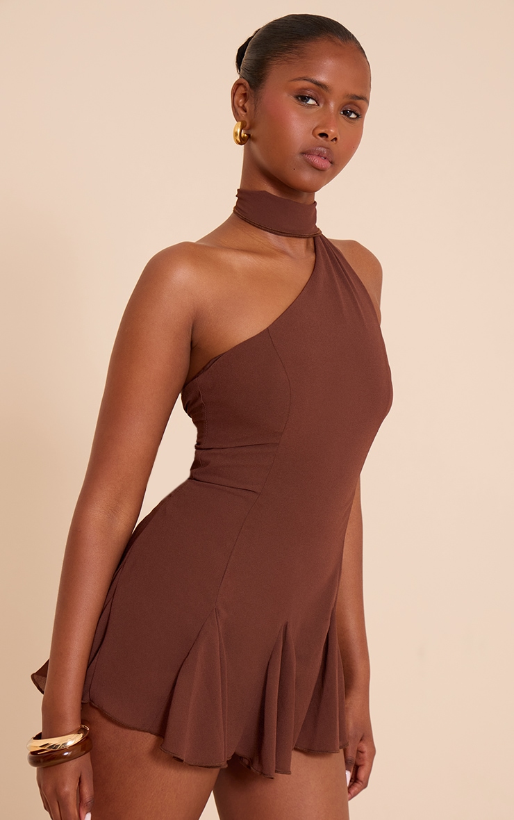 Chocolate Chiffon Godet Neck Scarf Skort Playsuit image 1