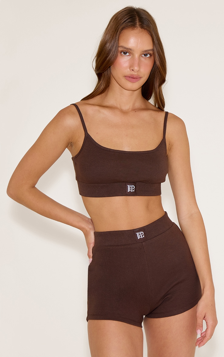 PrettyLittleThing Chocolate Sleep Rib Tonal Elastic Bralet image 3