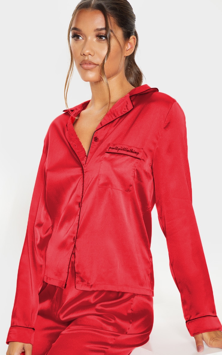PRETTYLITTLETHING Red Satin Pocket Long PJ Set image 5
