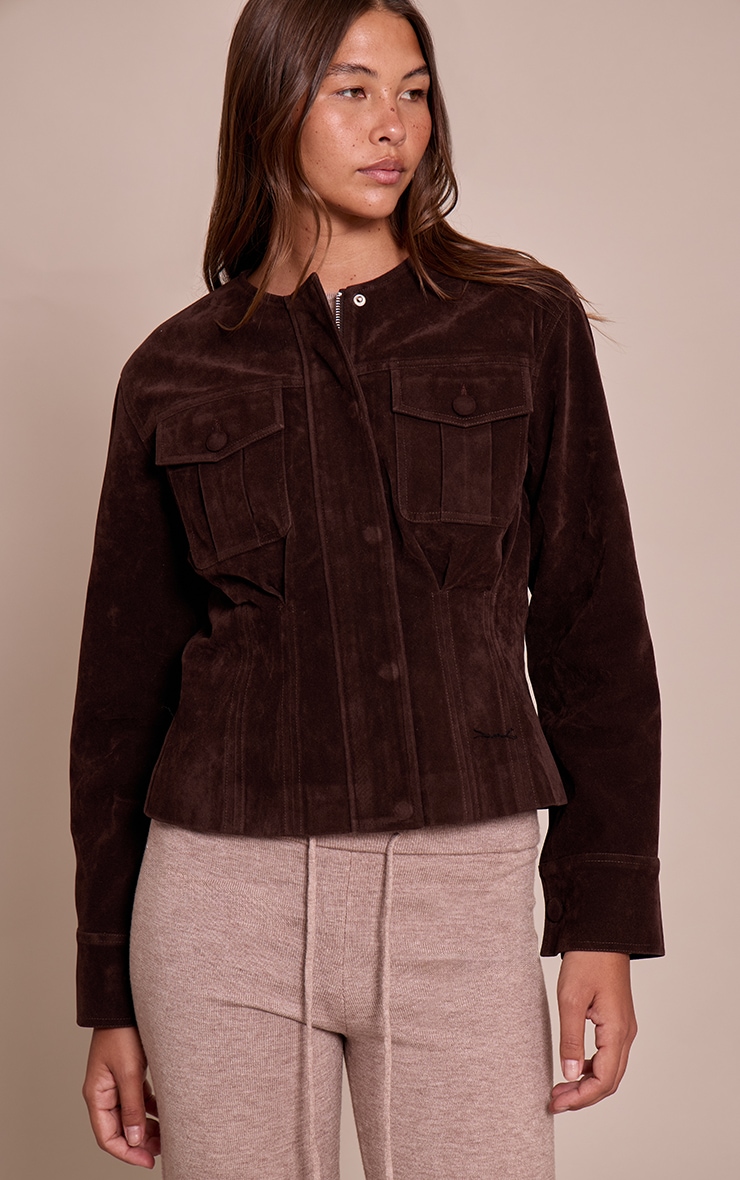  Chocolate Faux Suede Covered Button Cinch Waist Jacket image 4