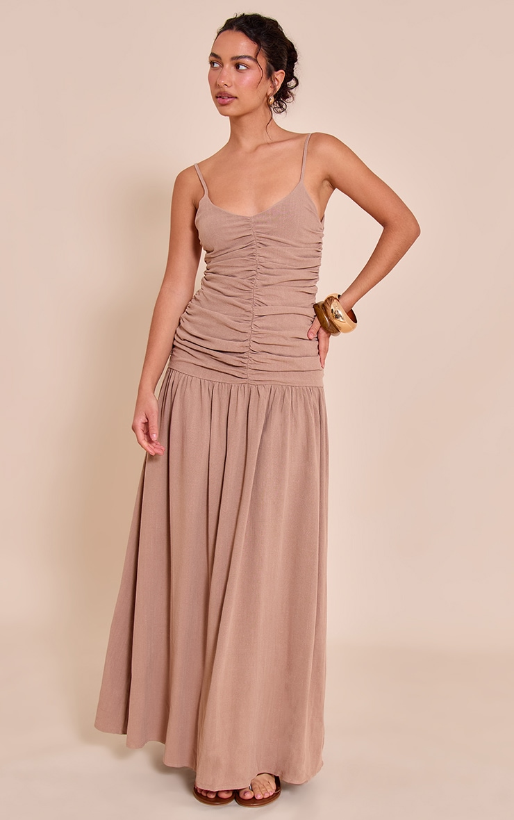 Taupe Textured Woven Ruched Detail Dropped Hem Maxi Dress image 1