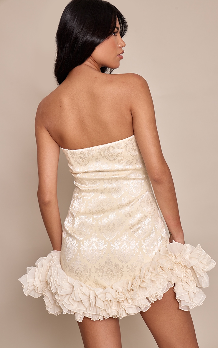 Cream Embroidered Jacquard Frill Hem Bandeau Mini Dress image 2