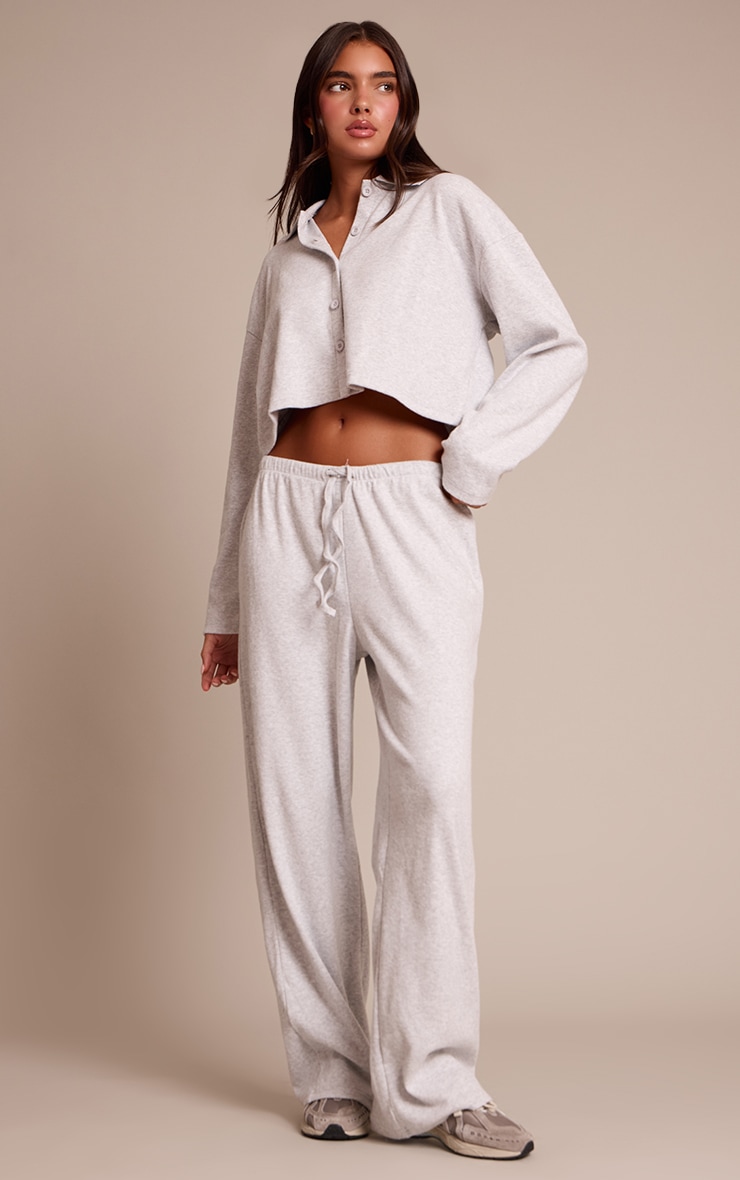 Light Grey Brushed Rib Wide Leg Drawstring Pants image 1