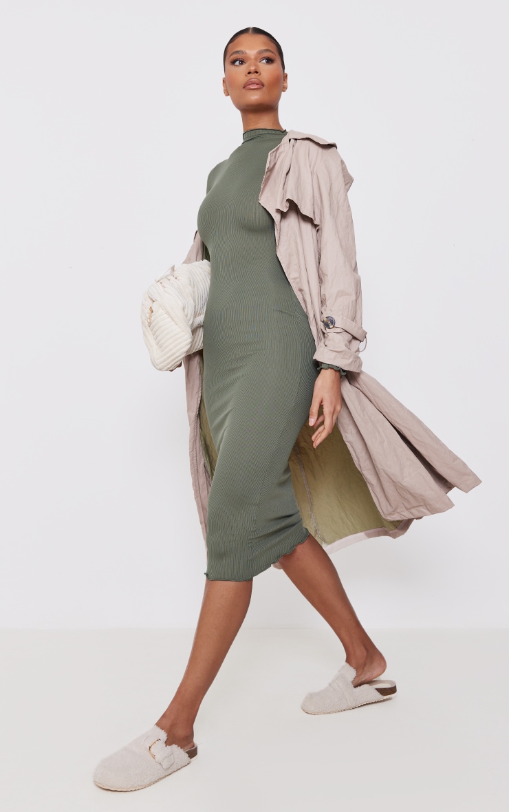 Khaki Rib Lettuce Hem Long Sleeve Midaxi Dress image 3