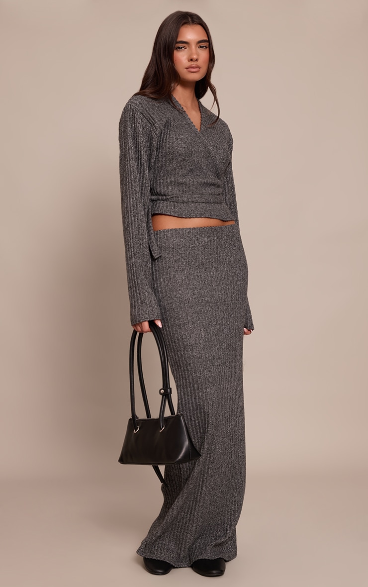 Charcoal Brushed Wrap Over Tie Waist Top image 3