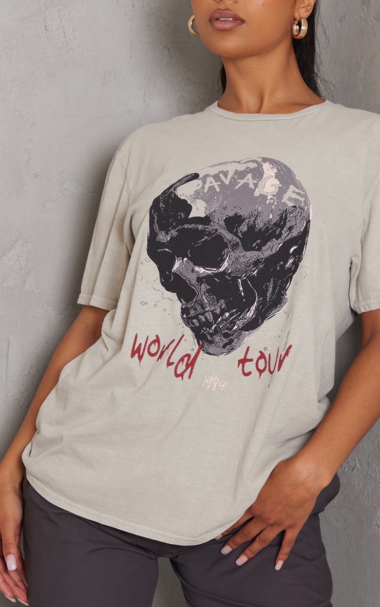 Taupe Washed Savage World Tour Print T Shirt image 4