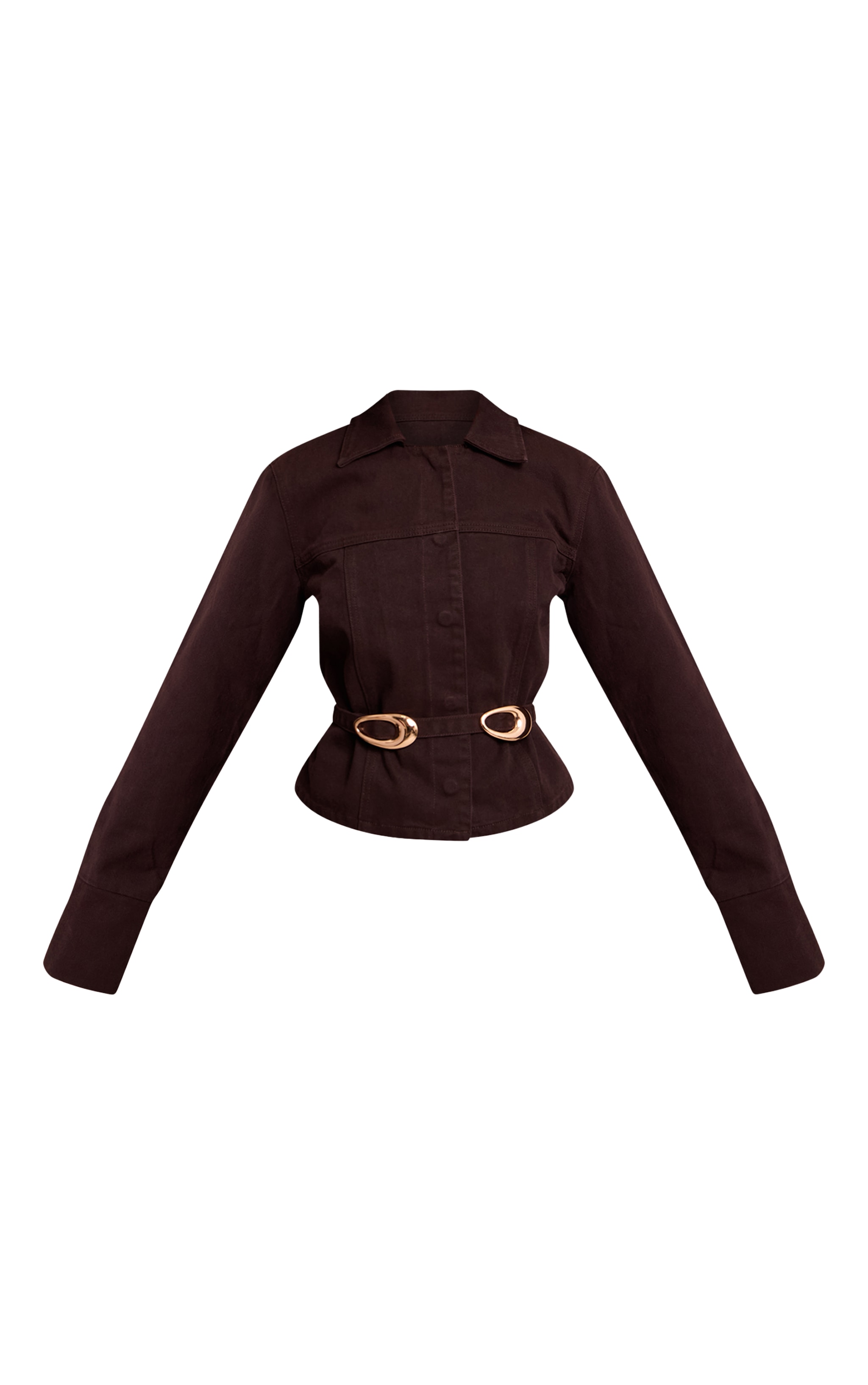 Petite Dark Chocolate Concealed Placket Crop Belted Denim Jacket image 5