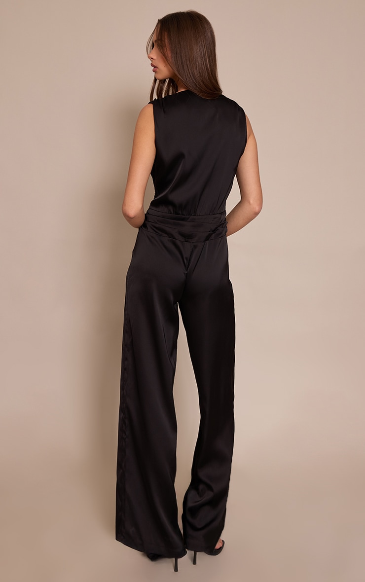 Black Satin Plunge Dropped Waist Jumpsuit image 2