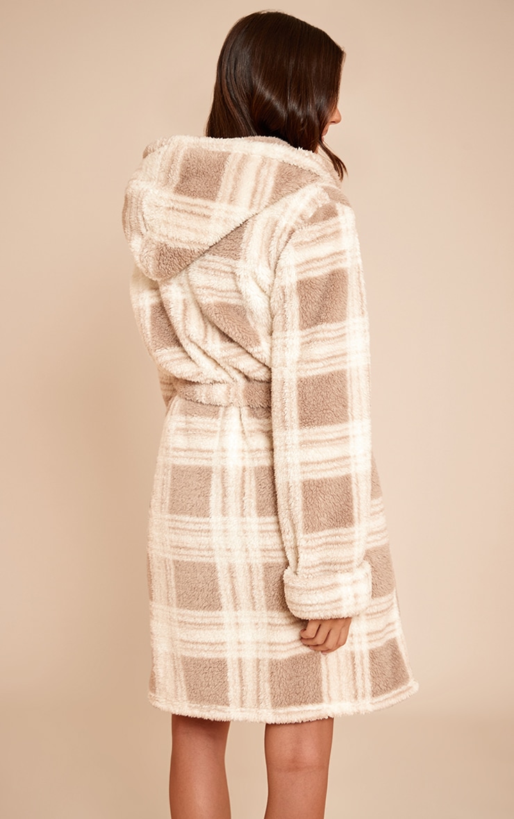Taupe Check Fleece Hooded Short Bath Robe image 2