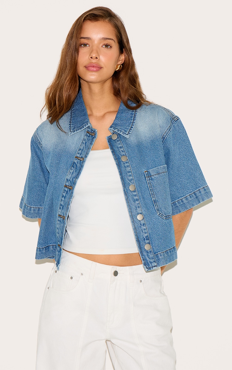 Mid Blue Wash Short Sleeve Pocket Detail Denim Shirt image 1