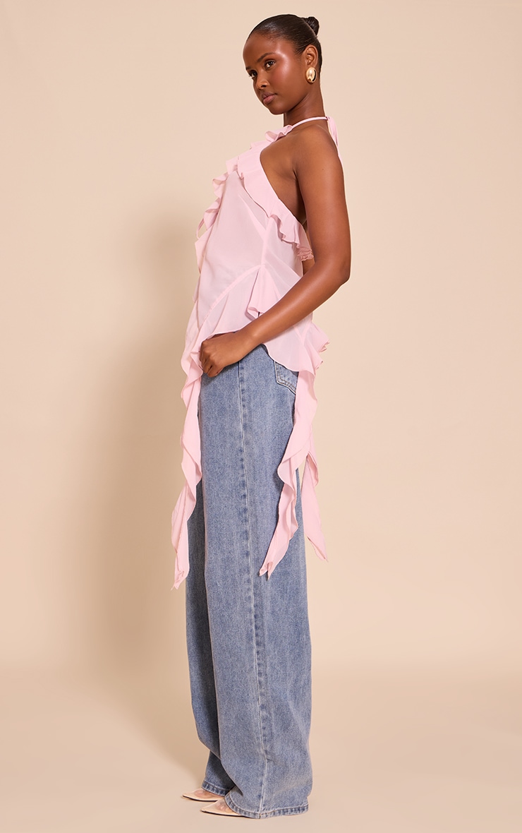 Pink Chiffon Ruffle Drape Detail Longline Top image 3