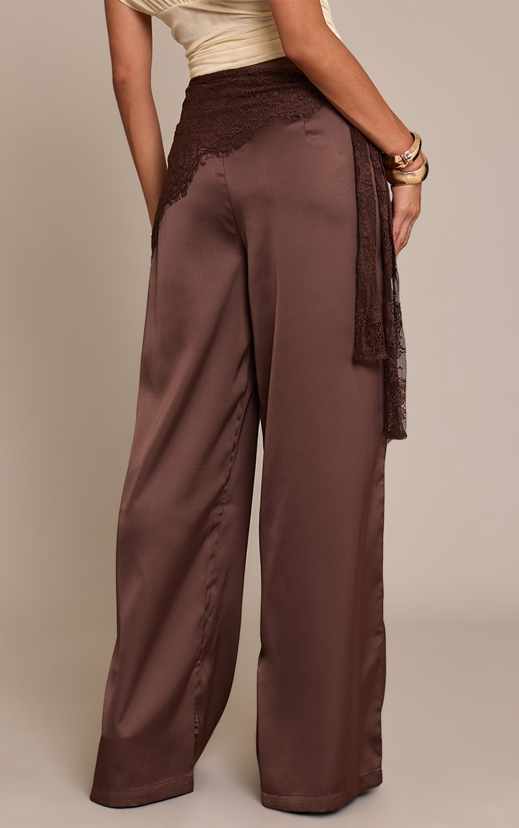 Dark Chocolate Lace Wrap Detail Satin Wide Leg Pants image 3