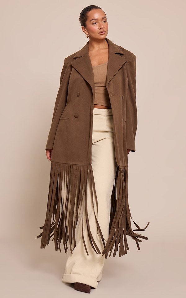 Shape Brown Wool Look Cinched Waist Fringe Hem Blazer