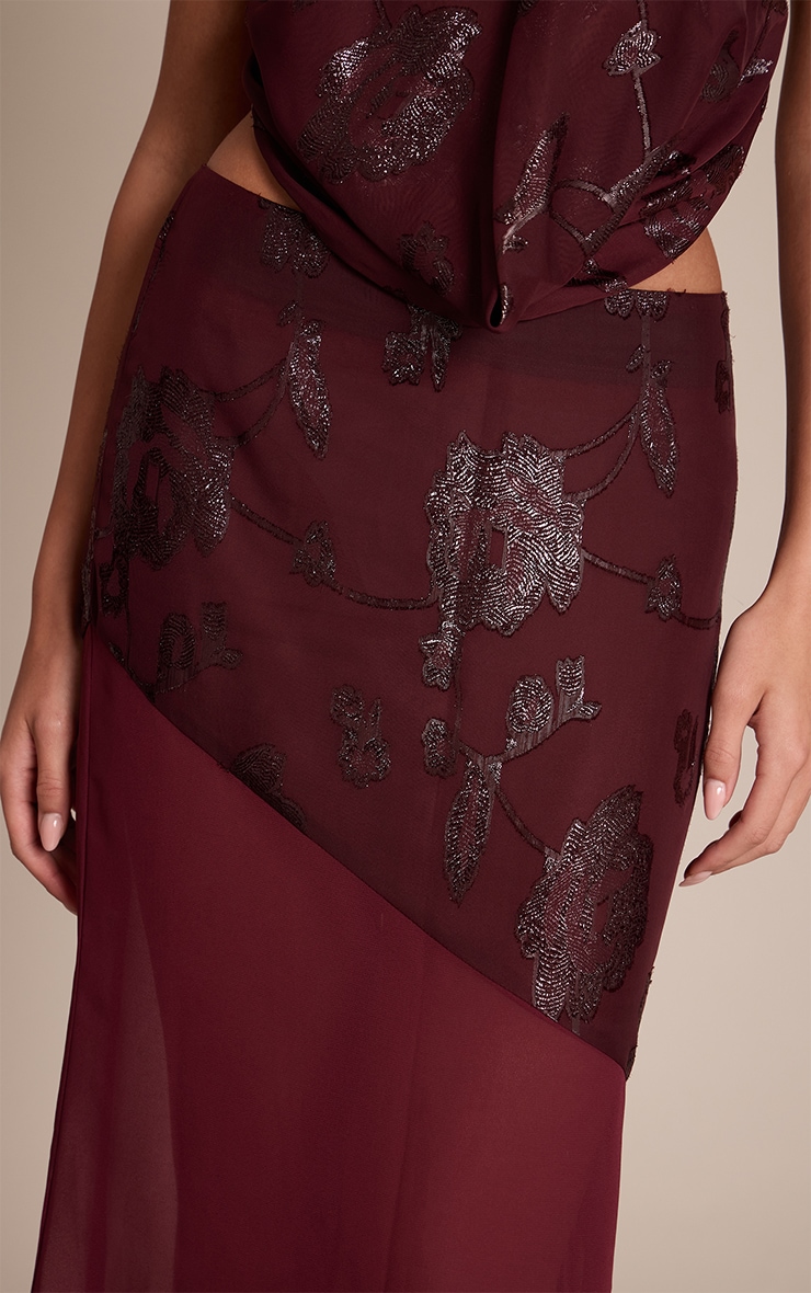 Wine Floral Glitter Chiffon Low Rise Maxi Skirt image 4