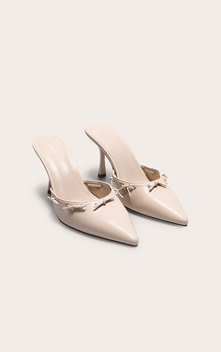 Cream Pu Point Toe Bow Mid Stiletto Heeled Court Mules image 2
