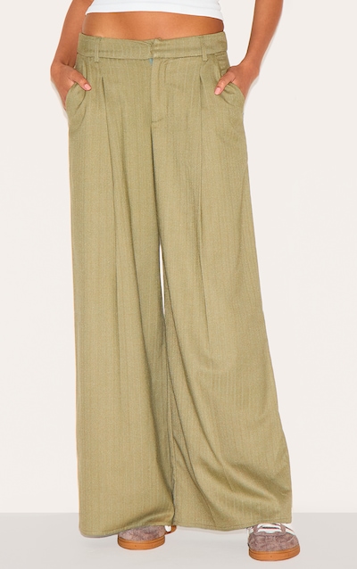 Premium Olive Woven Pinstripe Tailored Straight Leg Pants