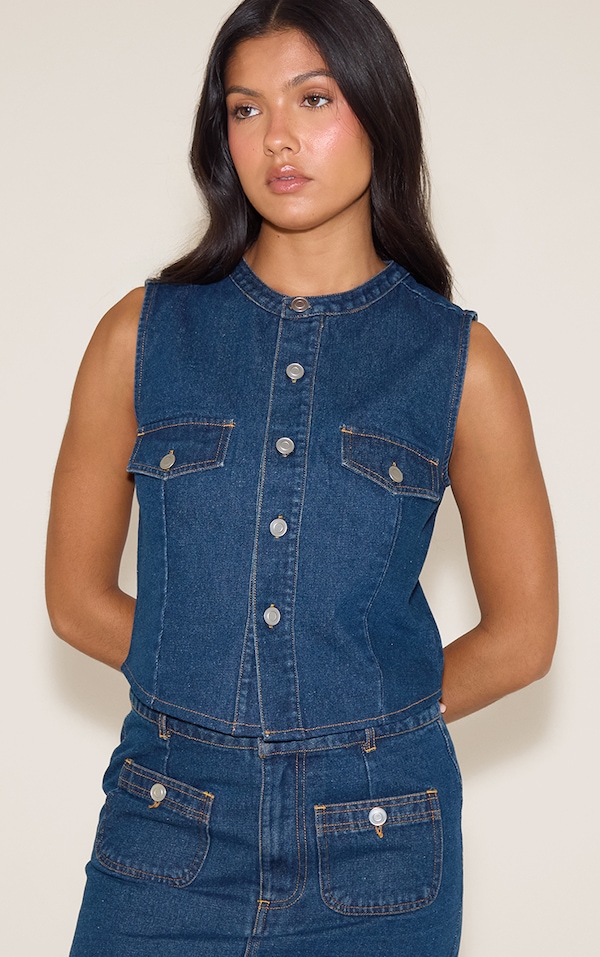 Indigo Round Neck Cinch Waist Denim Vest