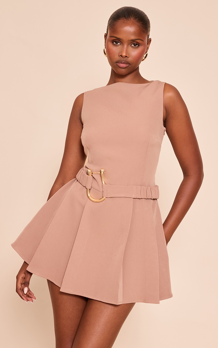 Beige Woven Belt Detail Pleated Shift Dress image 1