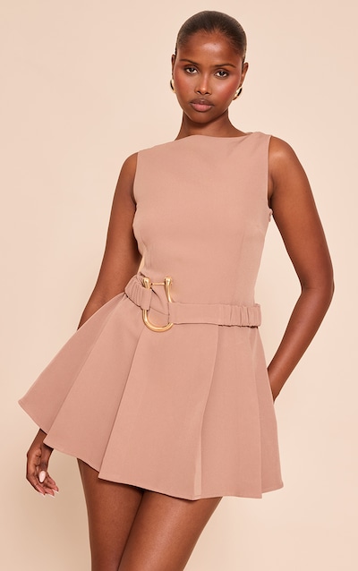 Beige Woven Belt Detail Pleated Shift Dress