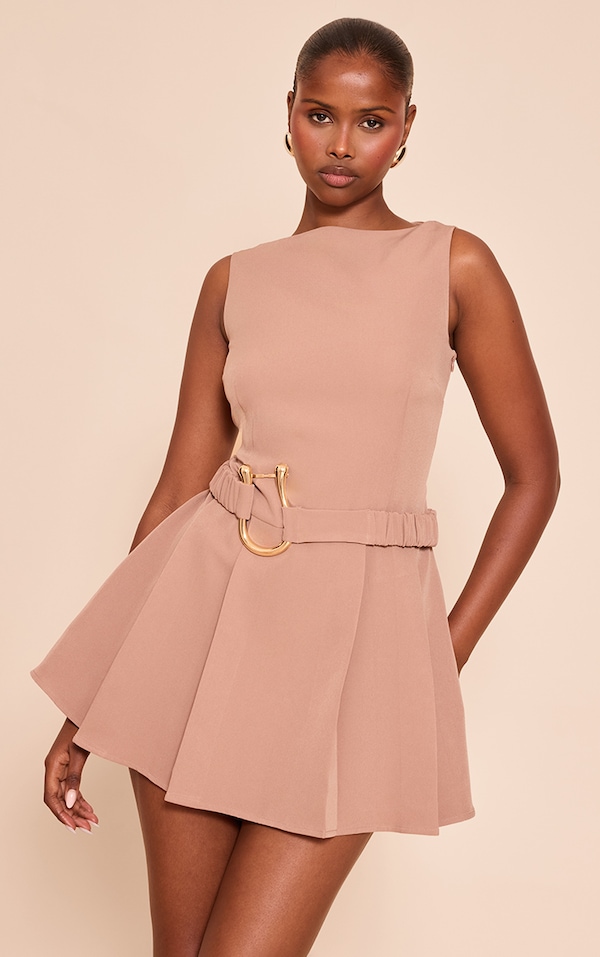 Beige Woven Belt Detail Pleated Shift Dress