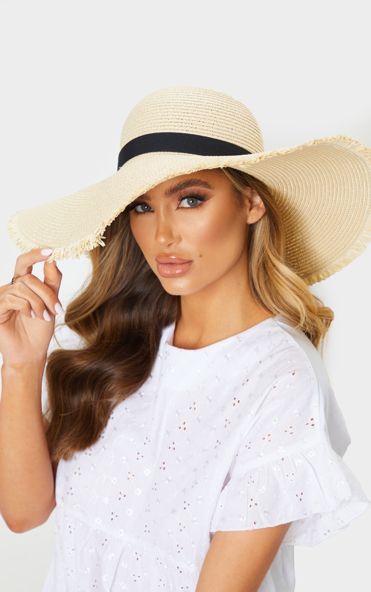 Natural Frayed Edge Wide Brimmed Boater Hat