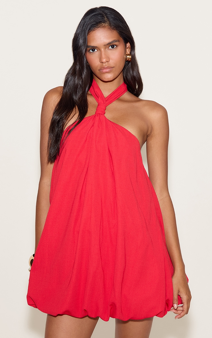 Red Halterneck Puffball Mini Dress image 1