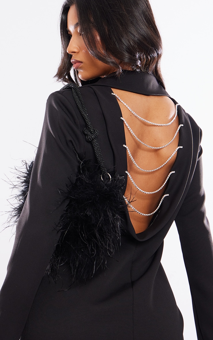 Black Woven Diamante Draped Back Detail Blazer Dress image 4