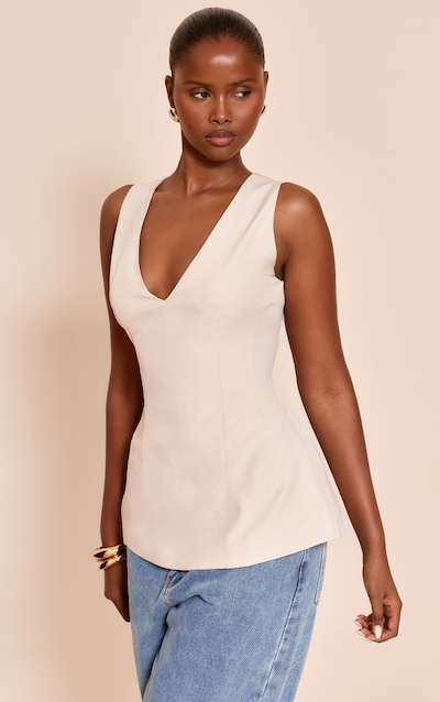 Stone Woven V Neck Longline Top
