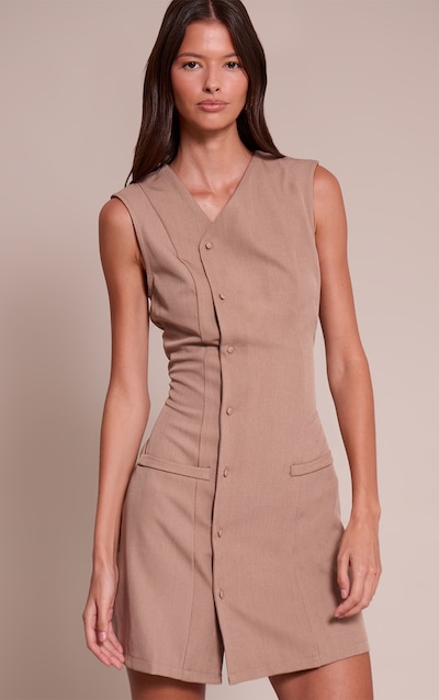 Taupe Tailored Asymmetric Button Down Shift Dress