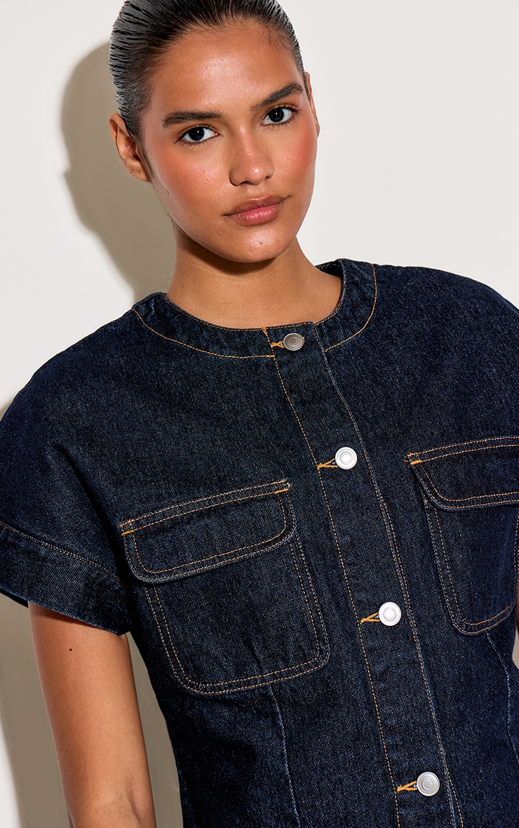 Indigo Round Neck Pocket Detail Cropped Denim Shirt image 4