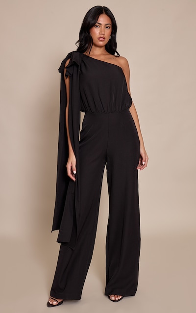 Black Bow Detail One Shoulder Straight Leg Jumpsuit