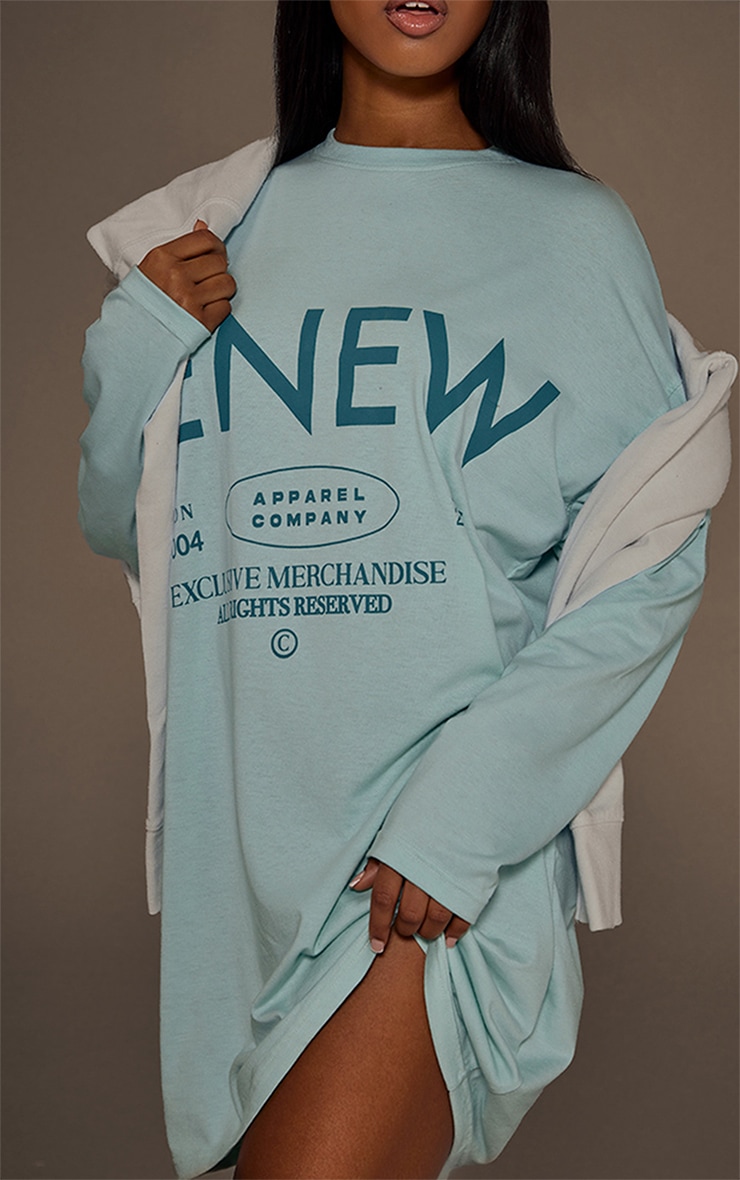 Turquoise Extreme Oversized Printed T-Shirt Dress image 4