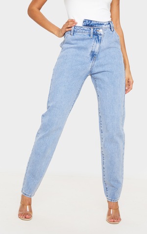 Light Blue Wash Asymmetric Waistband Jeans Prettylittlething Usa