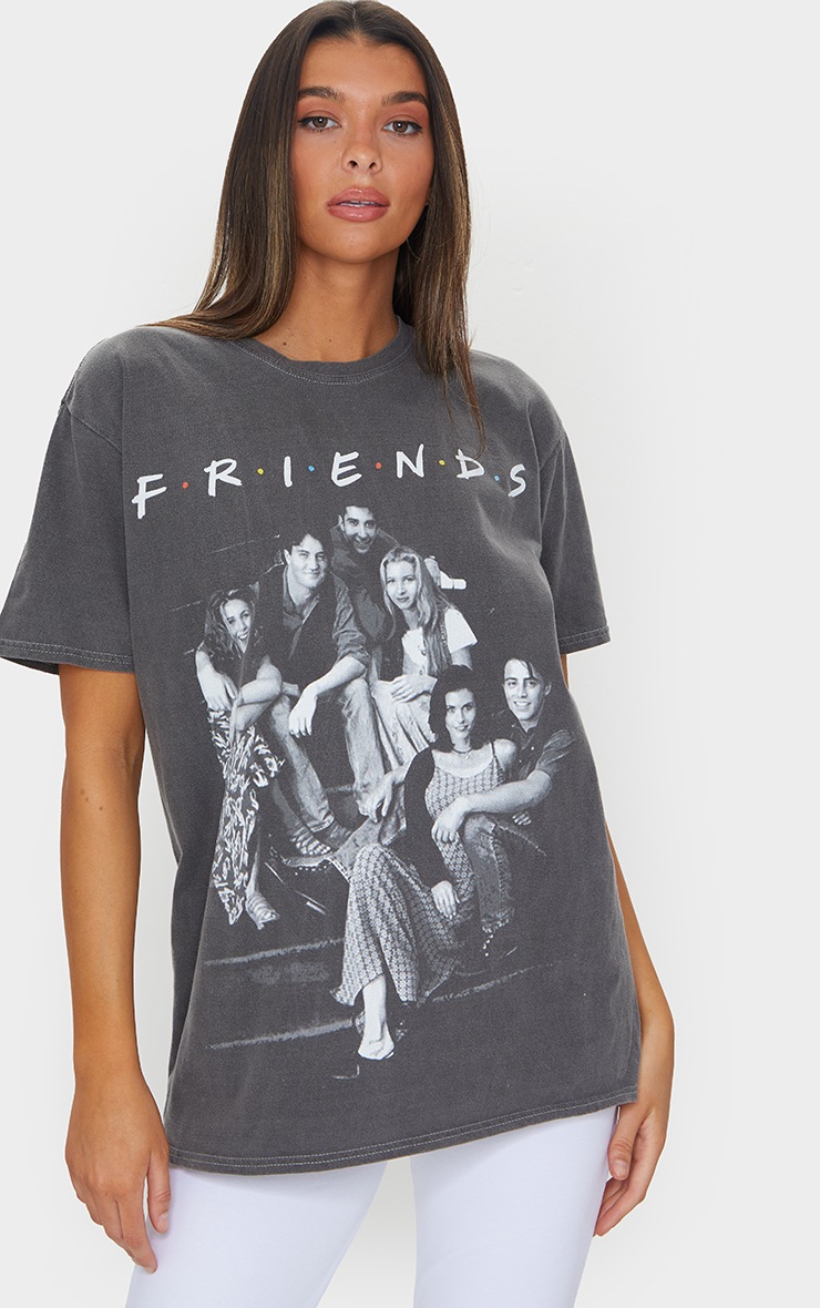 Charcoal Grey Friends Photographic Printed Washed T Shirt
