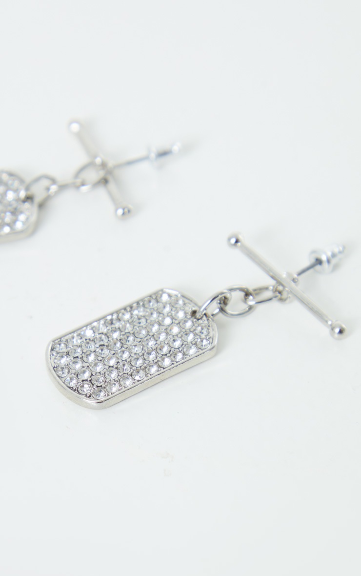 Silver T Bar Diamante Dog Tag Earrings
