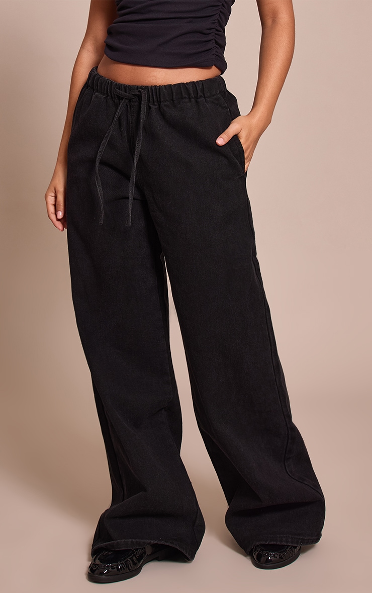 Petite Black Denim Elasticated Tie Waist Wide Leg Jeans image 2