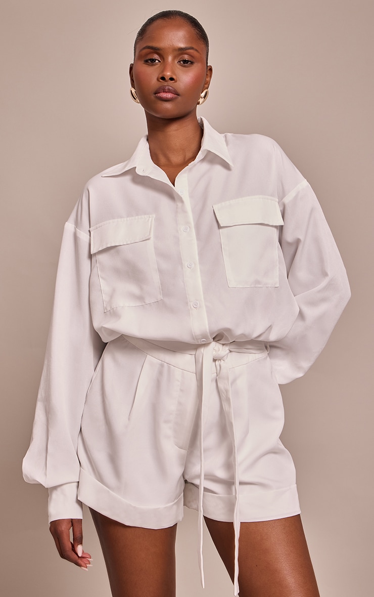 White Woven Relaxed Long Sleeve Playsuit image 4