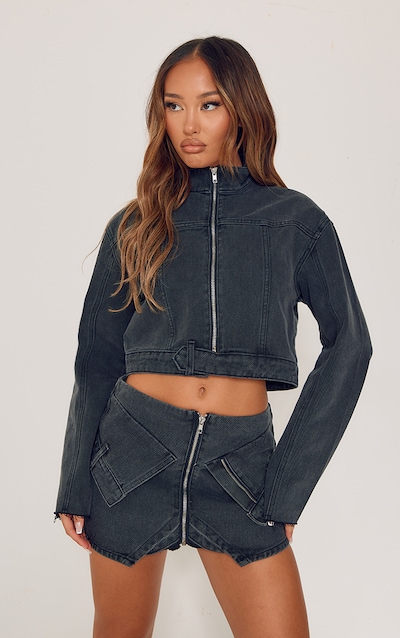Petite Washed Black Cropped Denim Jacket