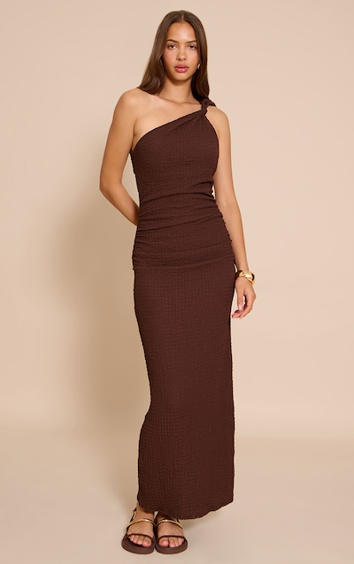 Robe longue texturée chocolat à bretelles torsadées