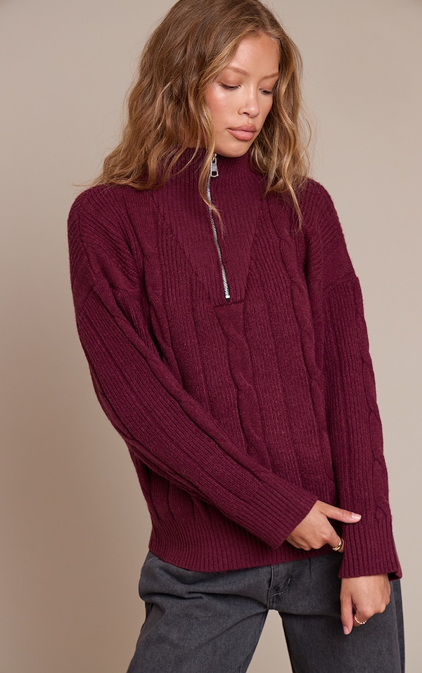 Burgundy Zip Detail Cable Knit Oversized Sweater