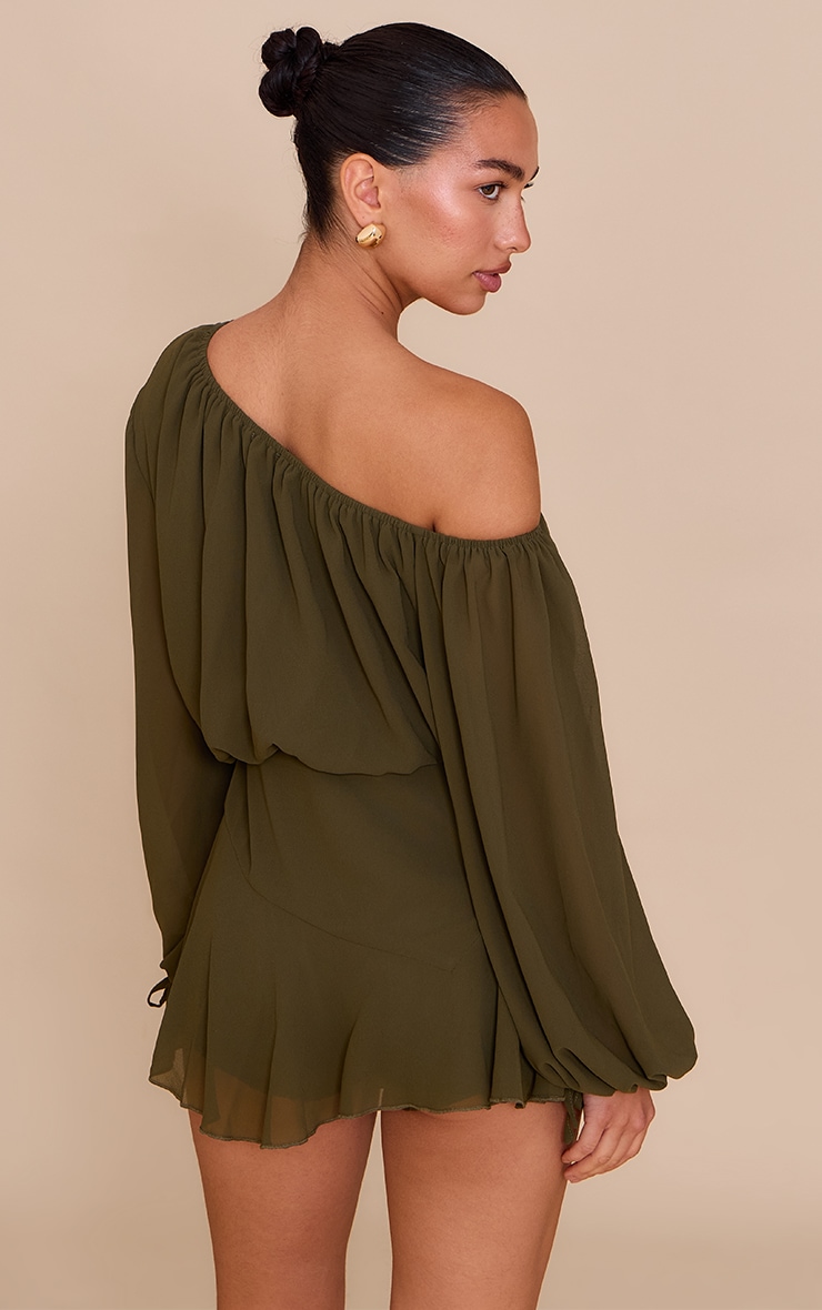 Dark Olive Chiffon One Shoulder Floaty Detail Skort Playsuit image 2