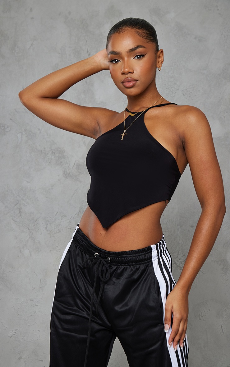 Black Slinky Ruched Halterneck Crop Top
