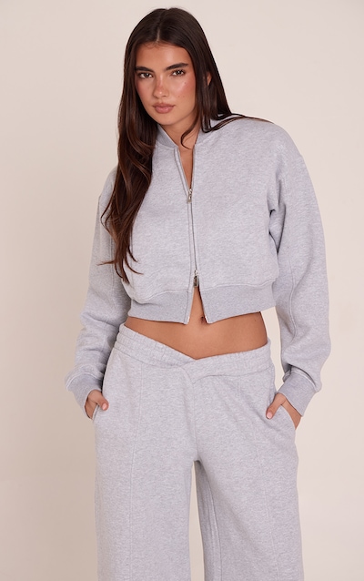 Grey Marl Cotton Fleece Double Zip Bomber Jacket