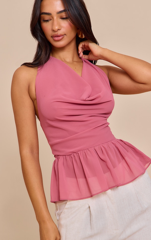 Petite Blush Rose Chiffon Cowl Peplum Hem Halterneck Top