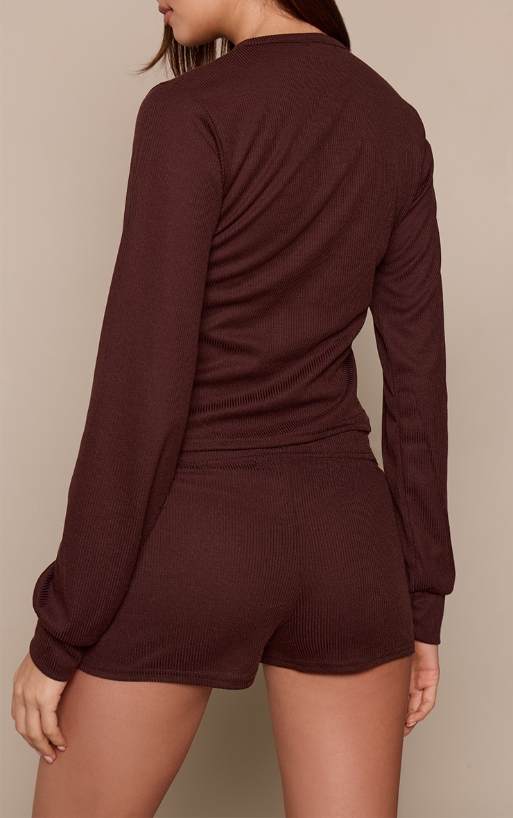 Dark Brown Ribbed Mini Shorts image 3