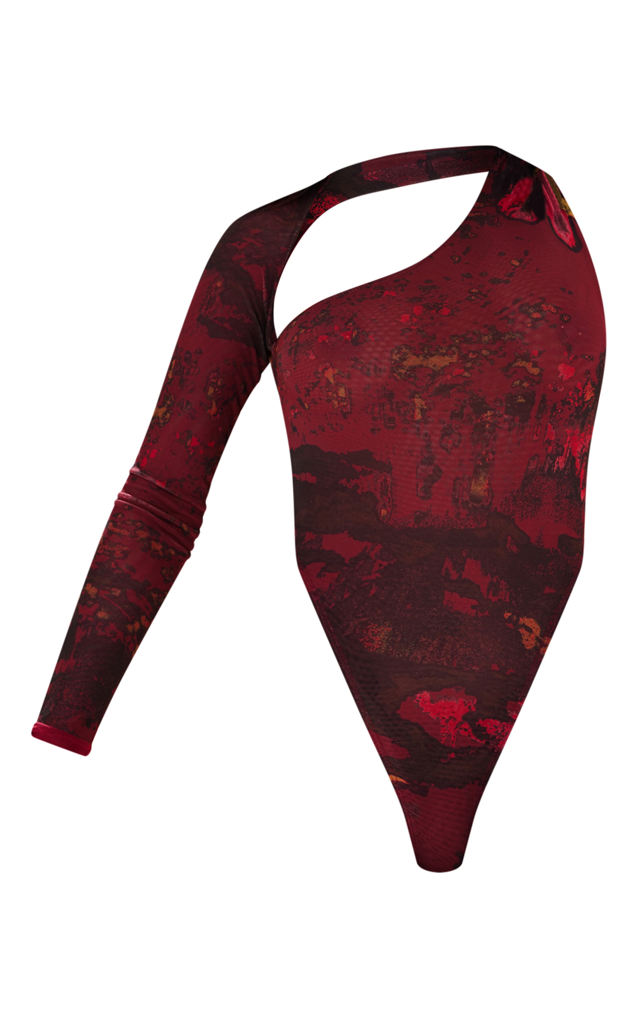 Premium Cherry Red Abstract Print Double Layer Mesh Bodysuit