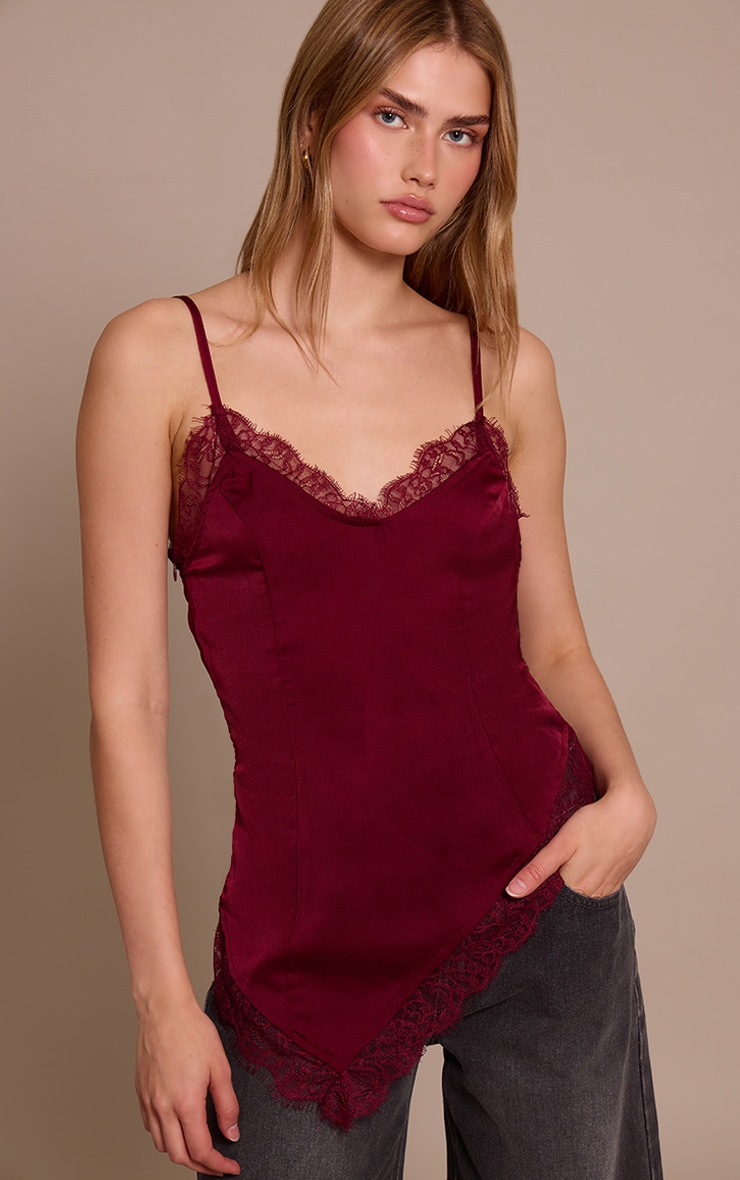 Wine Satin Lace Detail Strappy Asymmetric Cami Top
