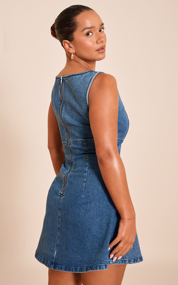  Shape Dark Blue Stretch Denim Boat Neck A-line Mini Dress image 2
