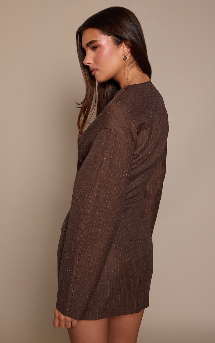 Chocolate Pinstripe Tailored Woven Boxy Balloon Sleeve Blazer image 2