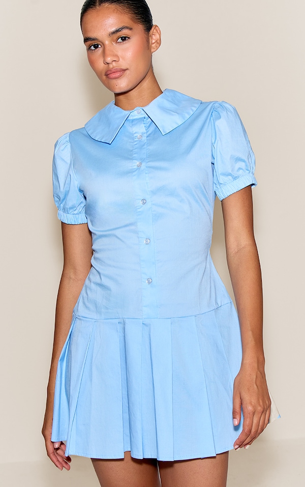 Blue Poplin Button Down Pleated Hem Shift Dress